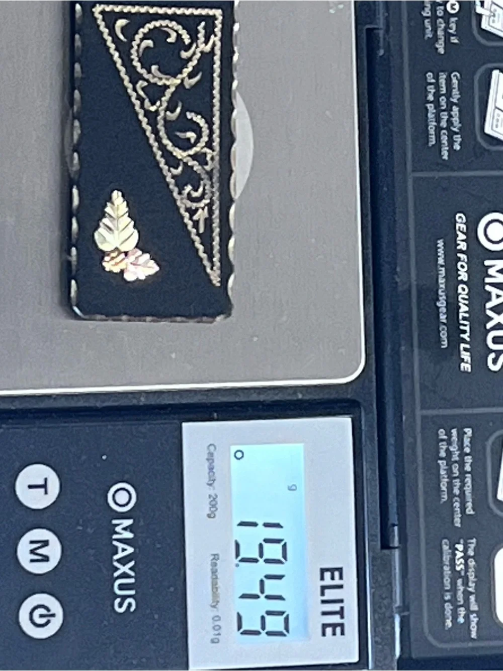 Vtg Landstroms Black Hills Gold Black Steel Money Clip Solid 12K Gold Leaves 19g